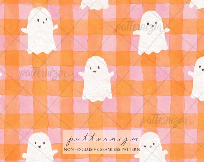Ghost Gingham Pattern Digital Download – Cute Halloween Checkered Seamless Design, Pastel Spooky Pattern, Trendy Kids Print