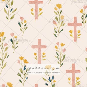 Watercolor Cross Floral Seamless Pattern – Soft Faith Easter Florals, Gentle Christian Digital Paper for Crafts & Fabric