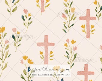 Watercolor Cross Floral Seamless Pattern – Soft Faith Easter Florals, Gentle Christian Digital Paper for Crafts & Fabric