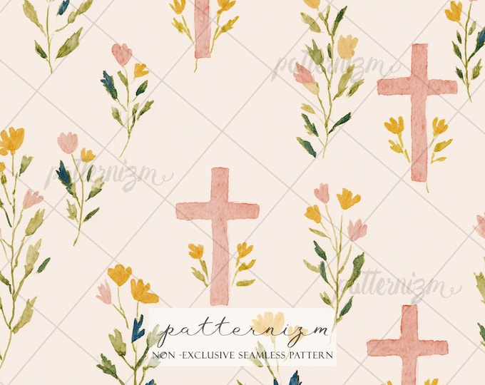 Watercolor Cross Floral Seamless Pattern – Soft Faith Easter Florals, Gentle Christian Digital Paper for Crafts & Fabric
