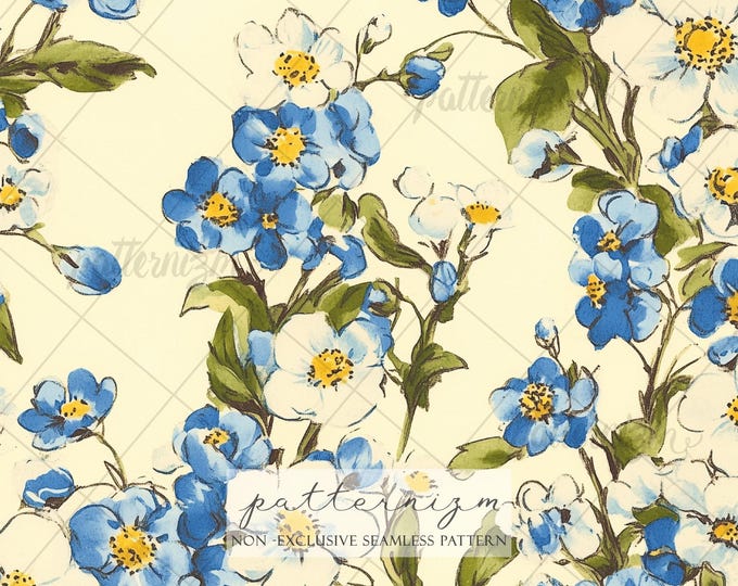 Seamless Blue Floral Pattern Digital Download – Vintage Watercolor Flowers, Soft Botanical Design, Cottagecore Fabric