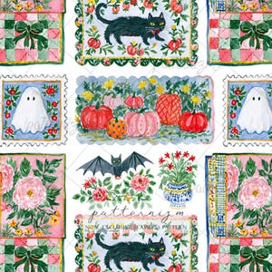 May include: A seamless pattern featuring watercolor illustrations of black cats, white ghosts, orange and pink pumpkins, bats, and pink floral arrangements. The design includes rectangular frames with scalloped edges and grid-patterned borders.