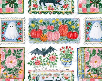 Seamless Pattern, Vintage Halloween Stamp Digital Download, Pumpkin Cat Repeat Design, Cottagecore Fabric Wallpaper Print