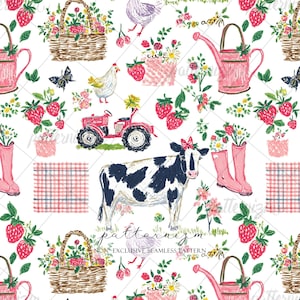 K&ouml;nnte beinhalten: Nahtloses Muster mit Illustrationen zum Thema Bauernhof. Das Design umfasst eine Kuh, H&uuml;hner, einen Traktor, Erdbeeren, Blumenk&ouml;rbe, Gie&szlig;kannen und rosa Gummistiefel, alles vor wei&szlig;em Hintergrund. Der Stil ist aquarellartig.