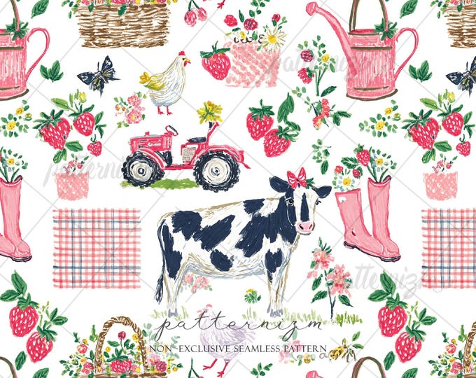 Watercolor Pink Farm Seamless Background, Cottagecore Cows Pattern, Seamless Chicken Pattern, Repeat, Wallpaper, Scrapbook, Journal, Digital