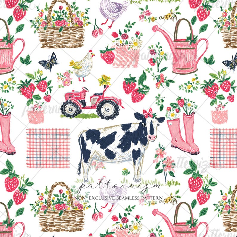 K&ouml;nnte beinhalten: Nahtloses Muster mit Illustrationen zum Thema Bauernhof. Das Design umfasst eine Kuh, H&uuml;hner, einen Traktor, Erdbeeren, Blumenk&ouml;rbe, Gie&szlig;kannen und rosa Gummistiefel, alles vor wei&szlig;em Hintergrund. Der Stil ist aquarellartig.