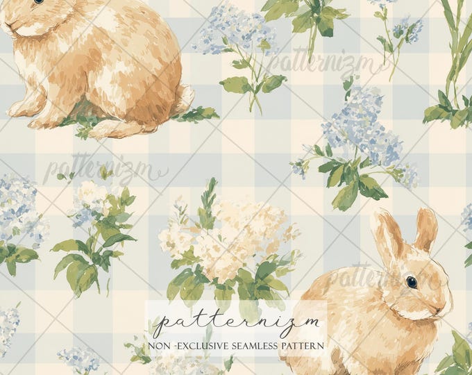 Bunny Seamless Pattern, Easter Rabbit Pattern, Cottagecore Floral Bunny, Spring Gingham Design, Nursery Fabric, Vintage Bunny Print