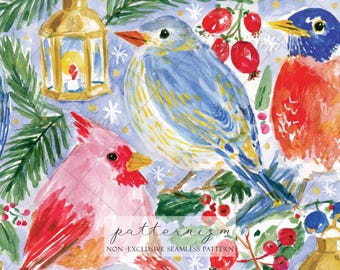 Seamless Christmas Bird Pattern Digital Download – Winter Cardinal & Bluebird Design, Holly Berry Print, Whimsical Fabric for Kids Crafts