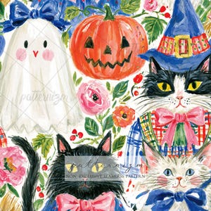 May include: A seamless pattern featuring a white ghost with a blue bow, an orange jack-o'-lantern, pink flowers, and three cats. One cat wears a blue witch hat, another a pink bow, and the third a blue bow. The text reads patternizm NON EXCLUSIVE SEAMLESS PATTERN.