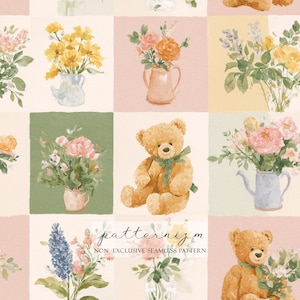 Może przedstawiać: Powtarzający się wzór z akwarelowymi ilustracjami pluszowych misiów, bukietów kwiatów w wazonach i tekstem "patternizm NON-EXCLUSIVE SEAMLESS PATTERN". Projekt zawiera kwadraty z pastelowymi tłami.