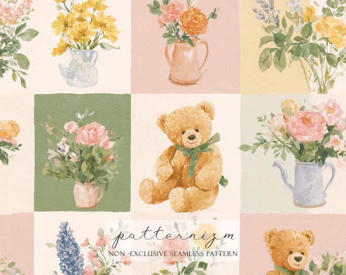 Valentine Teddy Patchwork Seamless Pattern Digital Paper – Cute Bear Floral Repeat Design