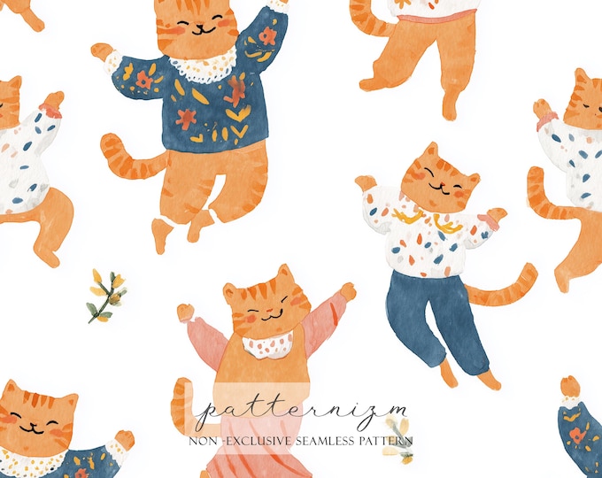 Watercolor Dancing Orange Cat Pattern Digital Paper – Cute Happy Cats in Cozy Outfits, Playful Seamless Design