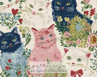 Seamless Floral Cat Pattern Digital Download – Whimsical Vintage Kitty Design, Coquette Cottagecore Pet Print, Cute Fabric