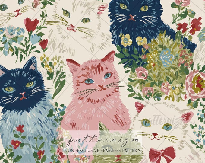 Seamless Floral Cat Pattern Digital Download – Whimsical Vintage Kitty Design, Coquette Cottagecore Pet Print, Cute Fabric