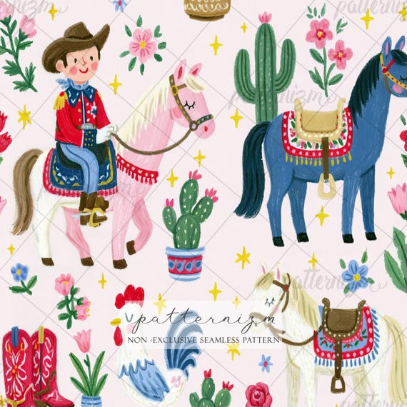 Seamless Western Cowboy Pattern Digital Download – Cute Horse & Rodeo Design, Patriotic Americana Style, Whimsical Farm Fabric