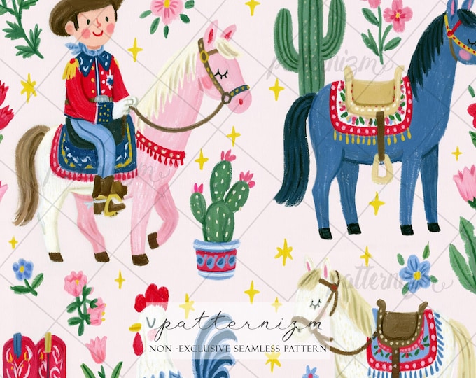 Seamless Western Cowboy Pattern Digital Download – Cute Horse & Rodeo Design, Patriotic Americana Style, Whimsical Farm Fabric