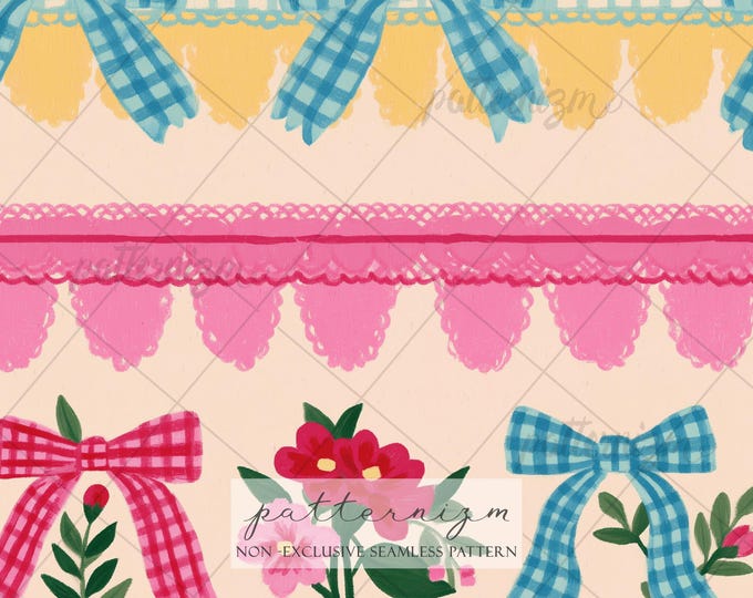 Coquette Bow Floral Seamless Pattern – Gingham Ribbon Design, Pink Lace Border, Vintage Cottagecore Fabric