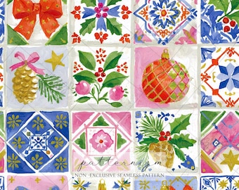 Seamless Christmas Tile Pattern Digital Download – Holiday Quilt Bow Ornament Design, Festive Pinecone Print, Whimsical Fabric Kids Crafts