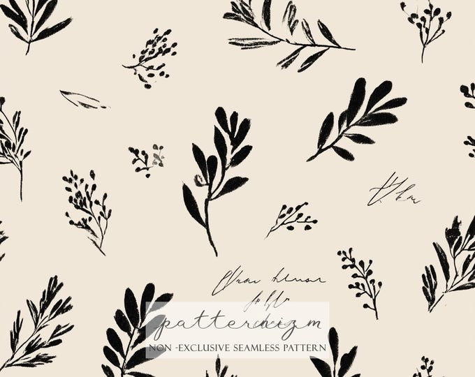 Minimal Botanical Seamless Pattern – Drawing Black Leaf Sprigs on Cream Background for Modern Fabric & Stationery Design