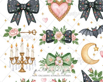 Digital Download Seamless Pattern, Whimsical Witchy Valentine Bows, Roses, Hearts, Bats, Moon, Romantic Gothic