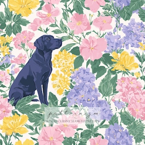 May include: A seamless pattern with a navy blue Labrador Retriever surrounded by colourful flowers. The design includes pink, yellow, and purple blooms with green leaves on a cream backdrop. The text "patternizm" is at the bottom.