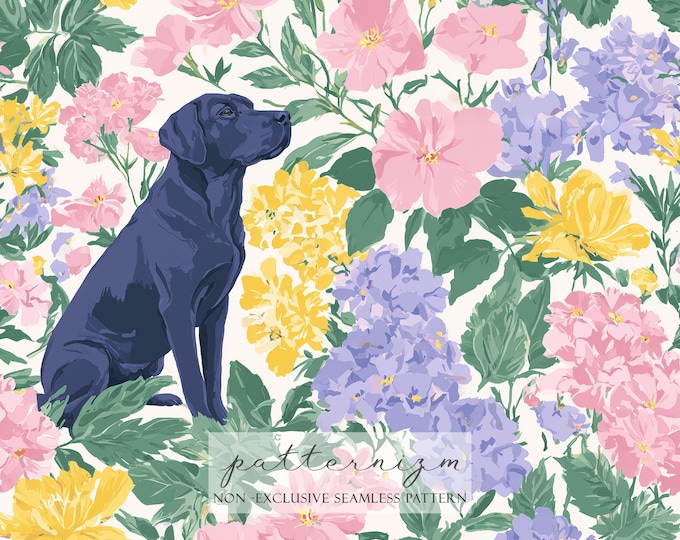 Mardi Gras Labrador Retriever Seamless Pattern Digital Paper – Festive Dog Illustration with Florals for Fabric