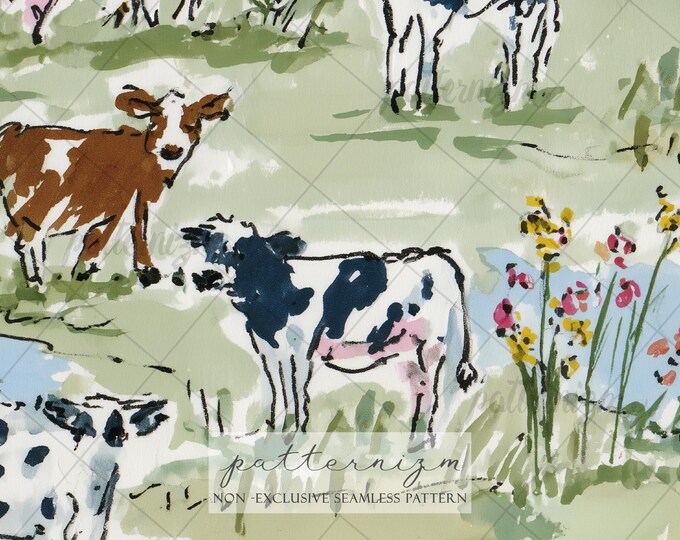 Seamless Farm Animals Pattern Digital Download – Watercolor Cow & Calf Meadow Design, Pastoral Spring Print, Cottagecore Fabric