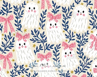 Coquette Ghost Seamless Pattern Digital Download – Pink Bow Halloween Print, Cute Spooky Fabric Design