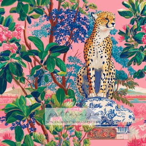 May include: A seamless pattern featuring a cheetah, set against a backdrop of lush foliage and trees in shades of pink, green, and blue. The text "patternizm" and "NON-EXCLUSIVE SEAMLESS PATTERN" are visible at the bottom. The overall design has a tropical theme.