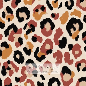 May include: A seamless pattern with abstract leopard spots in black, brown, tan, and rust shades on a cream backdrop. The text "patternizm" and "NON-EXCLUSIVE SEAMLESS PATTERN" are at the bottom.