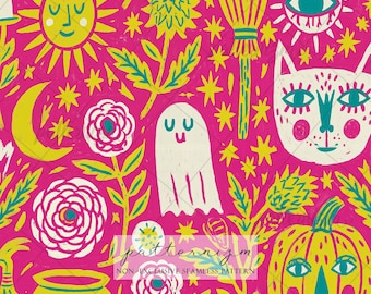 Bright Folk Halloween Seamless Pattern Digital Download – Pink Witchy Ghost Pumpkin Print for Fabric & Maximalist Decor