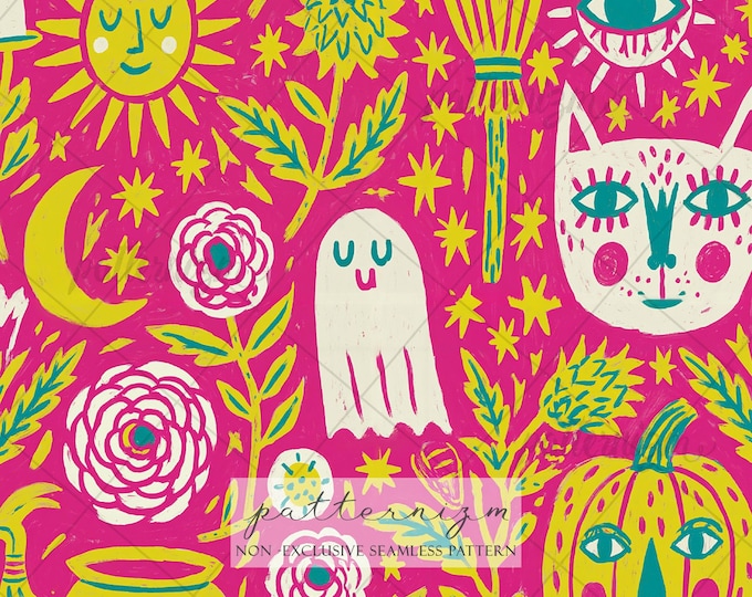 Bright Folk Halloween Seamless Pattern Digital Download – Pink Witchy Ghost Pumpkin Print for Fabric & Maximalist Decor