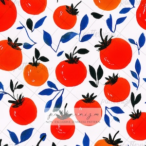 May include: Seamless pattern featuring watercolor illustrations of bright red and orange tomatoes with green and black stems, and blue leaves on a white background. The text "patternizm" and "NON-EXCLUSIVE SEAMLESS PATTERN" are at the bottom.
