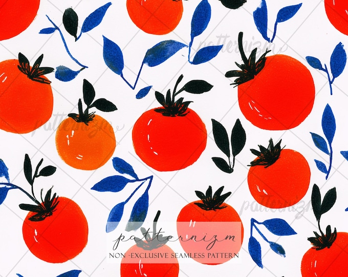 Tomato Fruit Pattern, Citrus Seamless Pattern, Mediterranean Kitchen Fabric, Summer Food Design, Orange Illustration