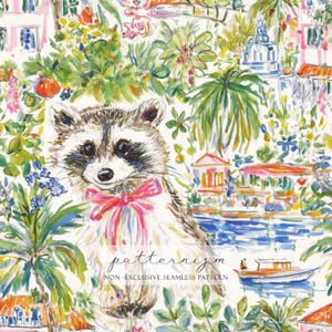 May include: Watercolor illustration featuring a raccoon wearing a pink bow tie, surrounded by lush greenery, buildings, and a boat on the water. The design has a tropical, coastal theme with a vibrant color palette. The text "patternizm" is visible.