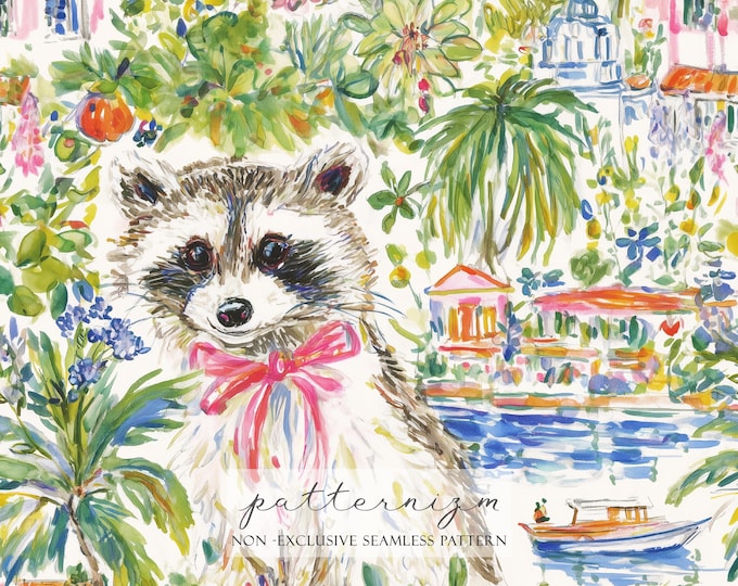 Seamless Raccoon Pattern Digital Download – Watercolor Coquette Garden Animal Repeat, Whimsical Printable Fabric for Nursery & Crafts