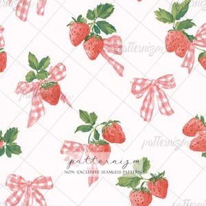 Naadloos aardbeistrikpatroon digitaal papier – Gingham Coquette Fruit Repeat Design