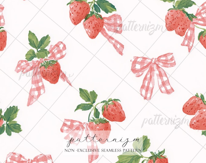 Strawberry Bow Seamless Pattern Digital Paper – Gingham Coquette Fruit Repeat Design