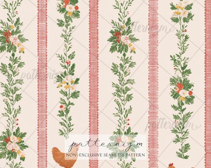 Cottagecore Chicken Floral Stripe Pattern Digital Download – Farmhouse Garden Seamless Design, Vintage Country Fabric Print