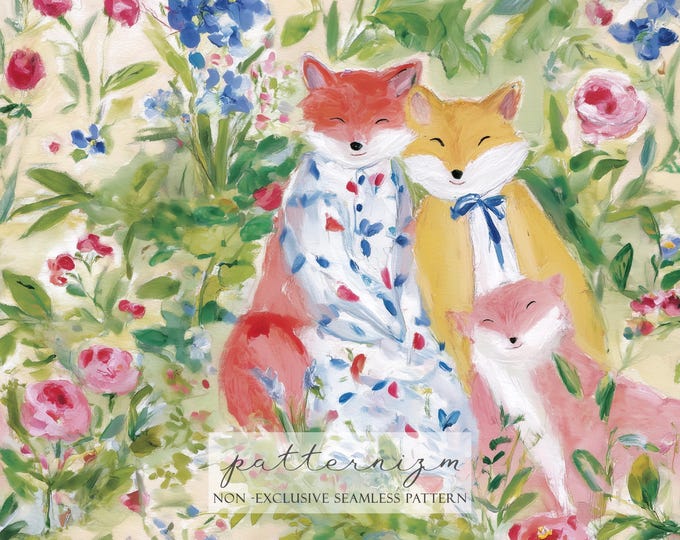 Watercolor Fox Family Seamless Pattern Digital Paper – Cute Woodland Animals in Floral Garden