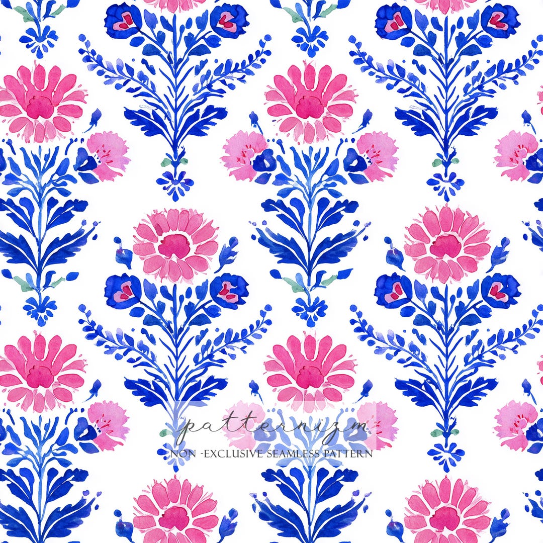 Blue and Pink Watercolor Floral Pattern – Seamless Folk Flower Digital ...
