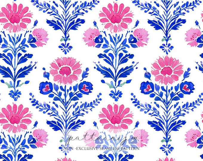 Blue and Pink Watercolor Floral Pattern – Seamless Folk Flower Digital Paper for Spring Crafts, Wrapping, Fabric & Scrapbooking