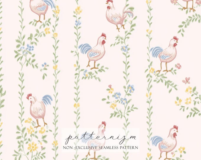 Seamless Rooster Garden Pattern Digital Download – Cottage Farm Chicken Design, Vertical Floral Stripe Printable, Country Kitchen Fabric