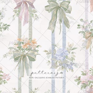 May include: Watercolor floral pattern featuring bouquets of flowers, ribbons, and vertical blue stripes on a white background. The design includes pink, peach, and blue flowers with green foliage and ribbons. The text "patternizm" and "NON - EXCLUSIVE SEAMLESS PATTERN" are also visible.