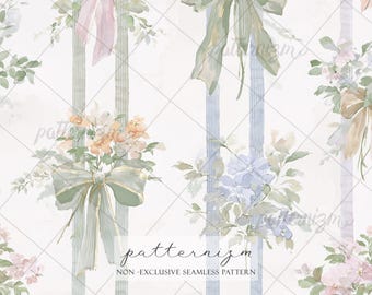 Seamless Romantic Bow Floral Pattern Digital Download – Vintage Ribbon Stripe Wallpaper, Soft Coquette Botanical Design