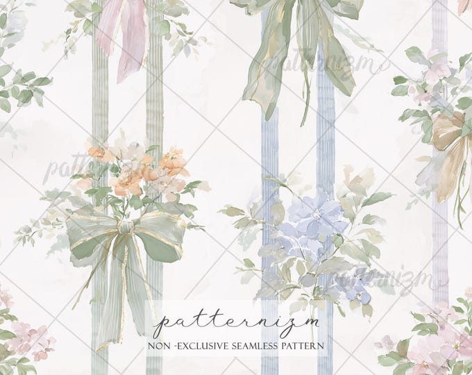 Seamless Romantic Bow Floral Pattern Digital Download – Vintage Ribbon Stripe Wallpaper, Soft Coquette Botanical Design