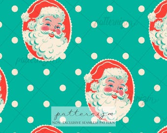 Vintage Santa Claus Seamless Pattern Digital Download – Retro Christmas Polka Dot Print, Holiday Fabric, Festive Wrapping Paper