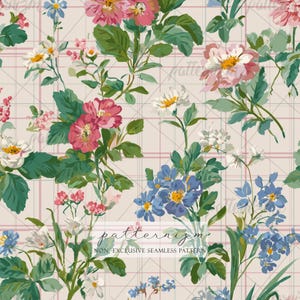 May include: A seamless floral pattern featuring pink, white, and blue flowers with green leaves on a light beige plaid background. The text "patternizm" and "NON-EXCLUSIVE SEAMLESS PATTERN" are visible.