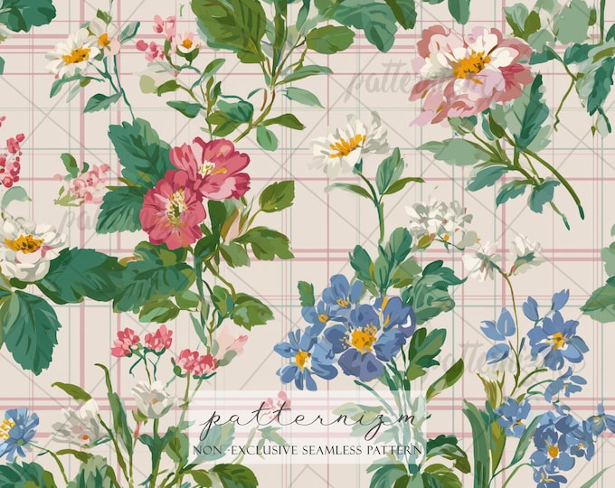 Seamless Mother’s Day Plaid Floral Pattern, Vintage Garden Flower Design, Classic Grid Botanical Fabric, Cottagecore Spring Digital Download