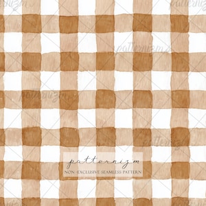 Puede incluir: Patrón sin costuras de estilo acuarela con un diseño a cuadros marrón y blanco. El patrón tiene una estética rústica y pintada a mano. El texto "patternizm" y "NON-EXCLUSIVE SEAMLESS PATTERN" son visibles.